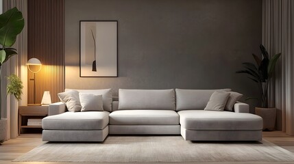 Cozy and inviting modern living room centered around a comfortable sectional sofa and minimalist stylish decor soft textures and warm lighting creating an intimate ambiance