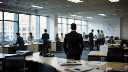 A businessman stands with his back turned, watching colleagues work together in a spacious office environment filled with natural light. Generative AI