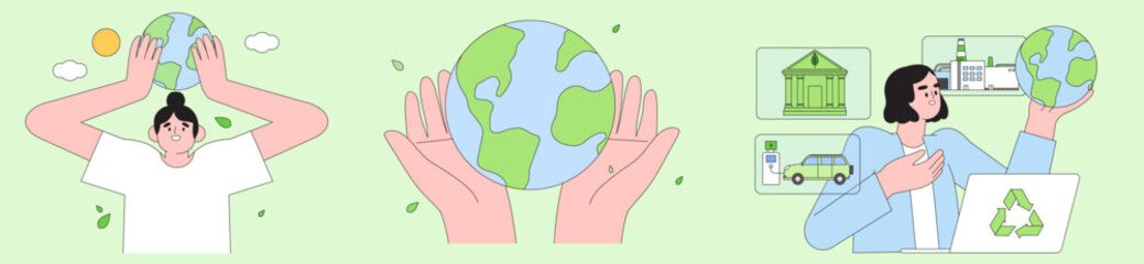 Eco activists with laptop hold earth. ESG, green energy, sustainable industry and ecological production integration set. Environmental, Social, Corporate Governance vector illustration concept.