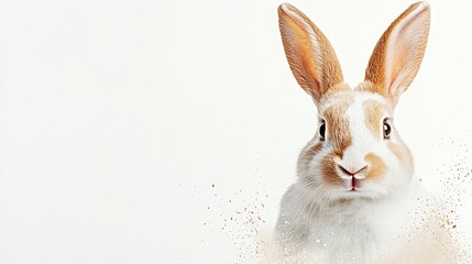 Obraz premium A tight shot of a rabbit's face with dust emanating from its ears against a clean, white backdrop