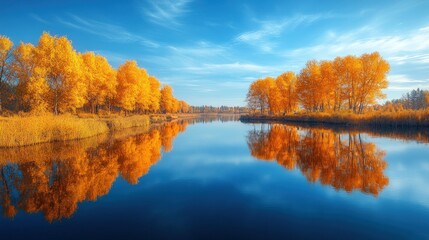 Golden autumn trees reflected in a calm lake under a blue sky.