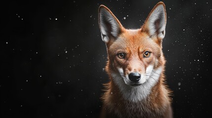 Obraz premium A fox's face in tight focus against a black backdrop, surrounded by snow flecks on the ground