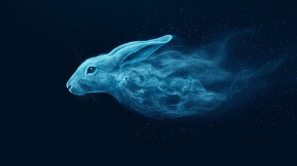 Naklejka premium A blue rabbit, starred with cosmic marks, is centrally positioned against a backdrop of ink-black darkness