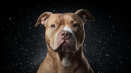  A tight shot of a dog's expressive face against a black backdrop, speckled with snowflakes