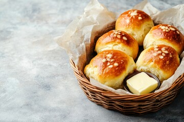 A basket of warm dinner rolls with a side of butter, minimal background with copy space. Comfort food. Parents home. Cozy and warm minimal kitchen. 