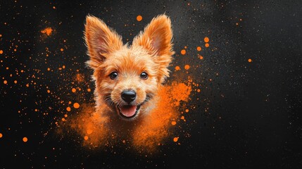 Obraz premium A dog gazes at the camera, its face smeared with an orange substance against a black backdrop
