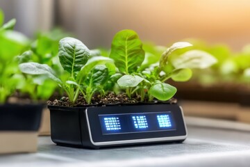 a small plant in a small container with a digital clock