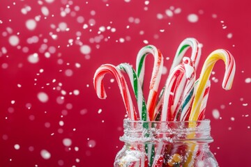 Christmas candy canes in various flavors and sizes, arranged in a festive jar minimal red background with copy space and snow glitter falling down. Holiday xmas season mood. 