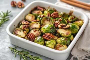 roasted Brussels sprouts dish meal with balsamic glaze and pecans, minimal kitchen background with copy space