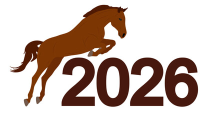 Year of horse. Brown horse jumping over 2026 year sign. Vector illustration