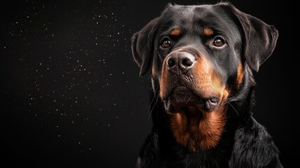Obraz premium A tight shot of a dog's expressive face against a backdrop of absolute black, adorned with golden speckles