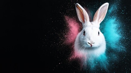  A tight shot of a rabbit's face against a black backdrop, sporting blue and pink powder
