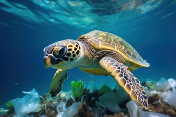 A sea turtle swim through trash underwater outdoors reptile.