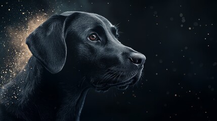  A tight shot of a black dog's expressive eyes against a solid black backdrop, speckled with golden flecks