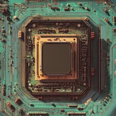 Close-up image of a computer motherboard with intricate circuitry and a central processing unit in the middle.