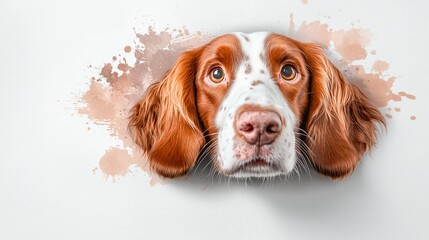  A tight shot of a dog's curious face emerging from behind a textured wall, adorned with paint splatters