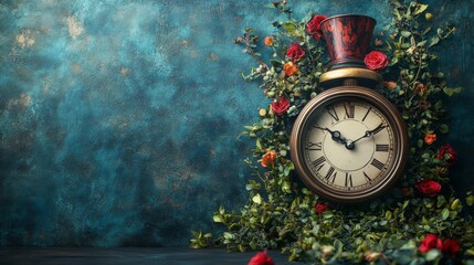 Mad Hatter's Wonderland Clock Banner background of Mad Hatter Day theme banner design for microstock, no text, and wide copy space, Mad Hatter's Wonderland Clock,