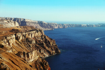 Picturesque view on caldera and bay. Santorini Island, Volcano caldera, view on bay and Aegean Sea.