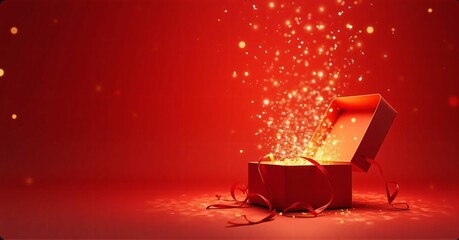 赤い背景に置いてある可愛いプレゼントボックスの中から流動的な光の粒が飛び出してわくわく感のある写真
An exciting photo with flowing particles of light popping out from inside a cute present box placed on a red background
