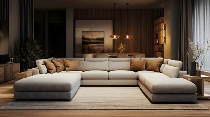 Cozy and inviting modern living room interior design with a large comfortable sectional sofa minimalist and stylish decor natural textures