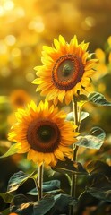 Obraz premium Two large sunflowers in a field Sun shines through their leaves, sun bathes them