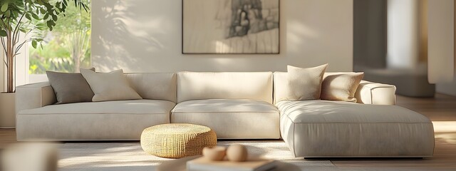Cozy and inviting modern living room interior design with a large comfortable sectional sofa minimalist stylish decor and warm natural materials like textiles and an oil painting bringing a soft