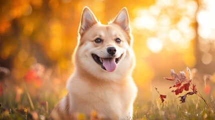 A cheerful dog sits in a sunlit autumn landscape, surrounded by colorful leaves.