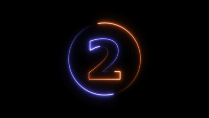 Abstract neon light countdown 2 number illustration background 4K.