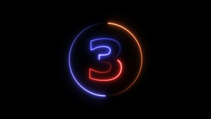Abstract neon light countdown 3 number illustration background 4K.