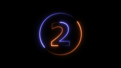 Abstract neon light countdown 2 number illustration background 4K.