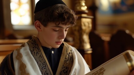 Teenage Boy Praying in Synagogue During Bar Mitzvah Ceremony, Reading From Torah Scroll