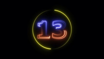 Glowing neon countdown 13 number illustration background 4K resolution.