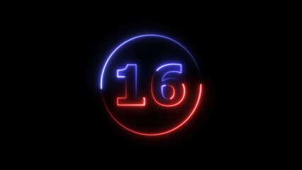 Glowing neon countdown 16 number illustration background 4K resolution.