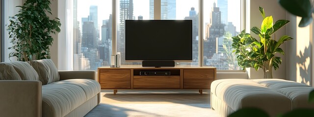 Fototapeta premium Cozy and inviting modern living room setting with a plush velvet loveseat sleek wooden media console large windows offering a city view and the bright afternoon light illuminating the space