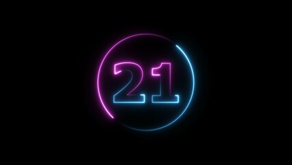 Glowing neon countdown 21 number illustration background 4K resolution.
