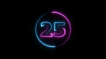 Glowing neon countdown 25 number illustration background 4K resolution.