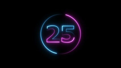 Glowing neon countdown 25 number illustration background 4K resolution.