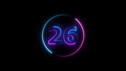 Glowing neon countdown 26 number illustration background 4K resolution.