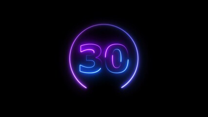 Abstract glowing neon countdown number 30 background 4k illustration.
