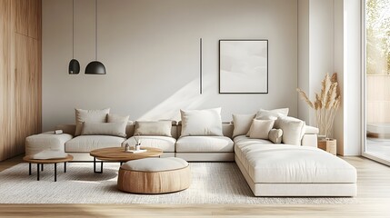 Cozy and Inviting Modern Living Room with a Large Comfortable Sectional Sofa and Minimalist Stylish Decor Bright Accents and Natural Wood Tones Bringing Warmth Detailed Digital