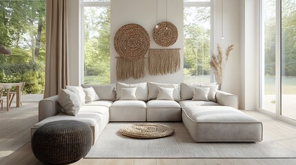 Cozy and inviting modern living room with a large comfortable sectional sofa and minimalist stylish decor  A Scandinavian boho blend with woven wall hangings floor to ceiling windows
