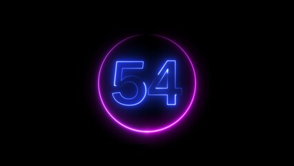 Abstract glowing neon 54 number background 4k illustration.