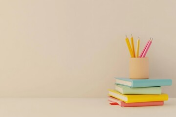 Colorful Stack of Books with Pencils in Holder on Neutral Background - Educational and Office Supplies Concept