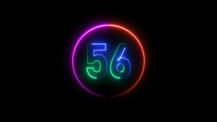 Abstract glowing neon 56 number background 4k illustration.