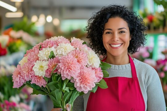 Smiling woman holding a bouquet of pink and white flowers in a flower shop.