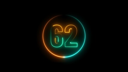 Abstract neon countdown number 62 background 4k illustration.