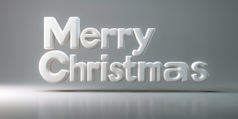 The image features the words 'Merry Christmas' in white, three-dimensional text placed directly on a clean, simple gray background, reflecting minimalist design principles.