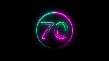 Abstract glowing neon 70 number background 4k illustration.