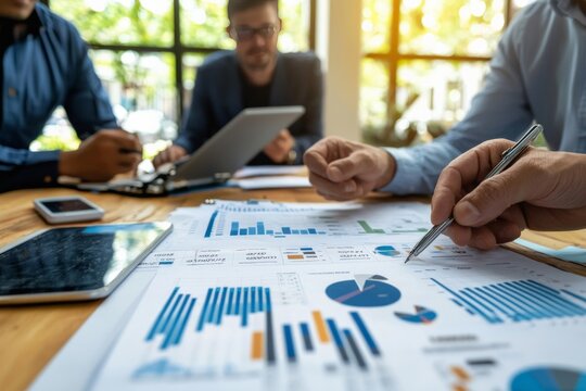 A team of supply chain managers discussing strategies to improve efficiency and reduce costs, with charts and diagrams illustrating their ideas