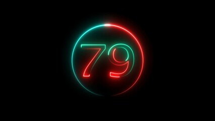 Abstract glowing neon 79 number background 4k illustration.